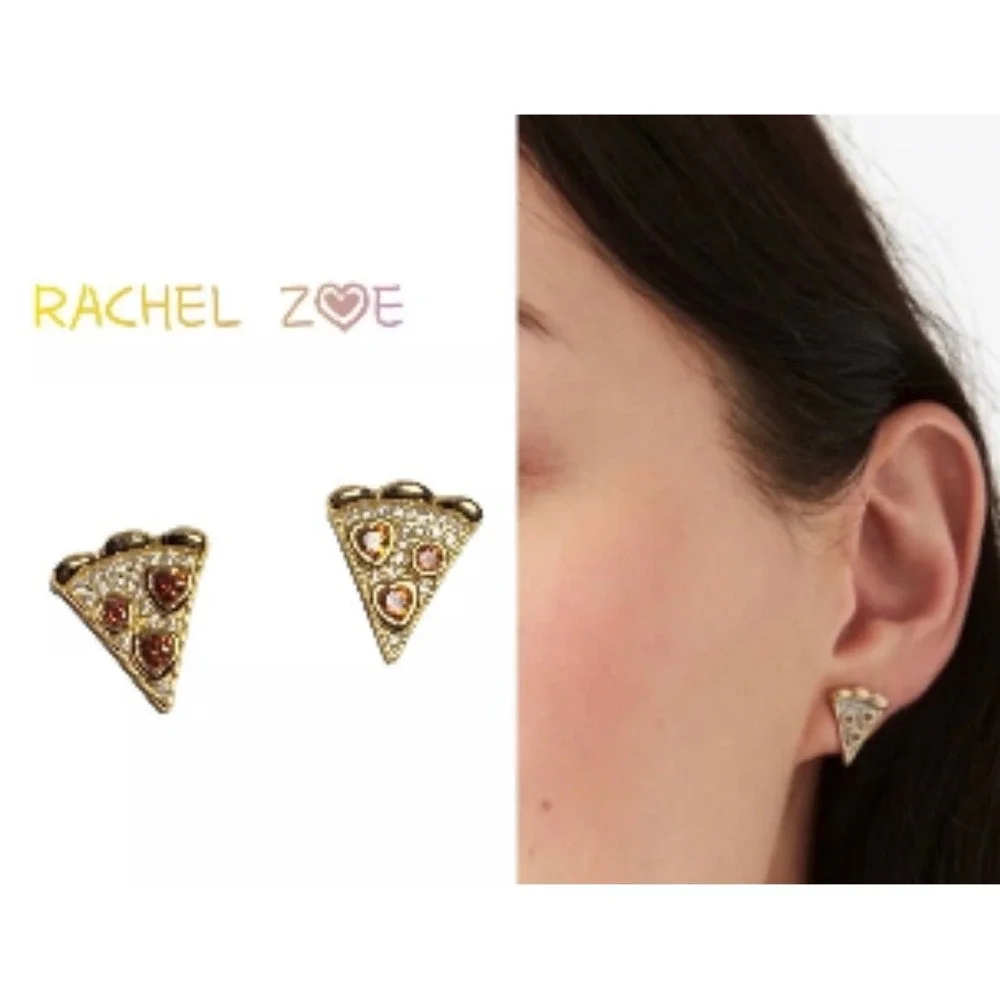 Rachel Zoe Pizza Stud Earrings Gold Sterling Silver Cubic Zirconia Red - Picture 2 of 8